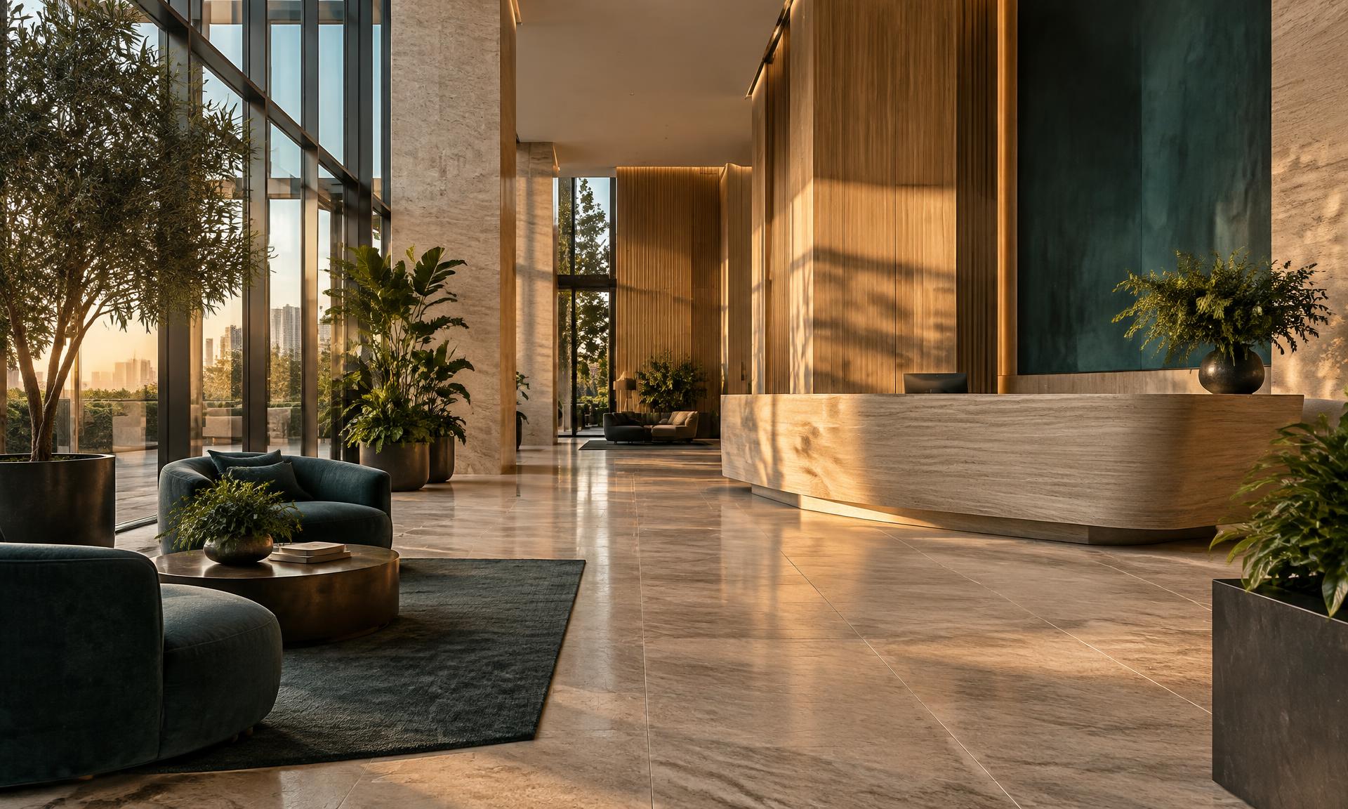 Sunlit corporate lobby with stone floors and a reception desk