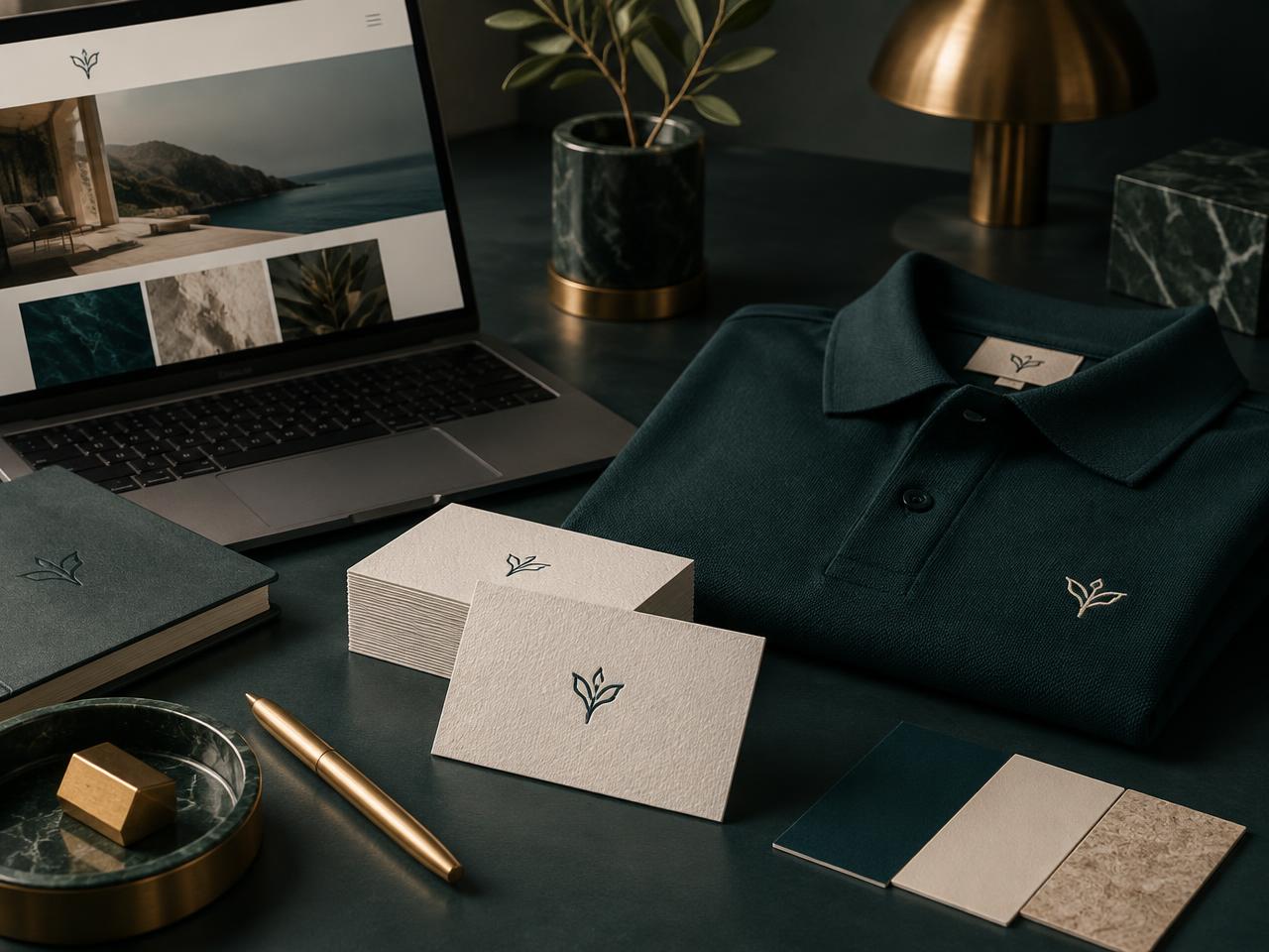 Business cards, a laptop with a website, and a logo-embroidered polo on a teal table