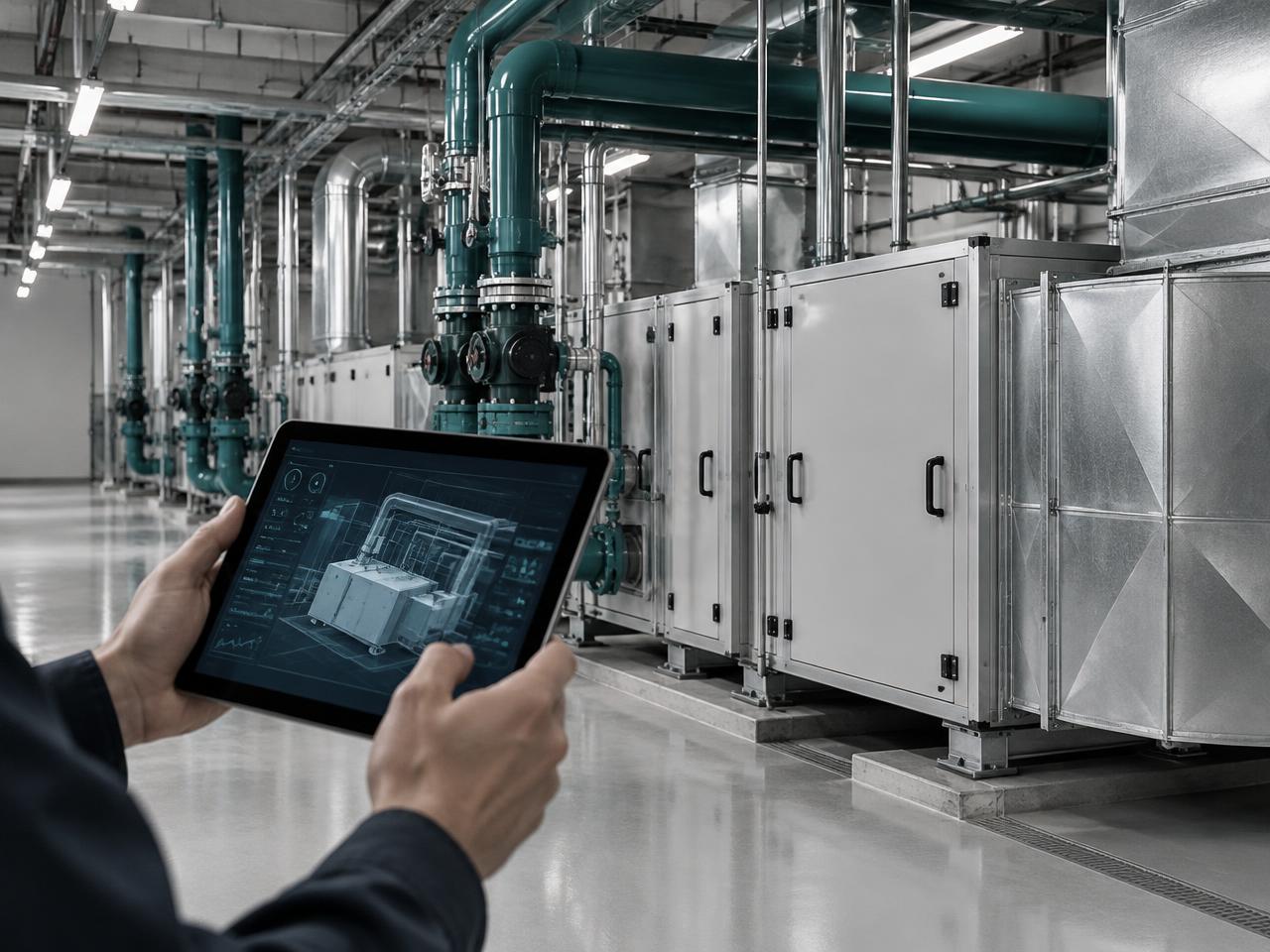 Engineer reviewing building systems on a tablet in a mechanical room