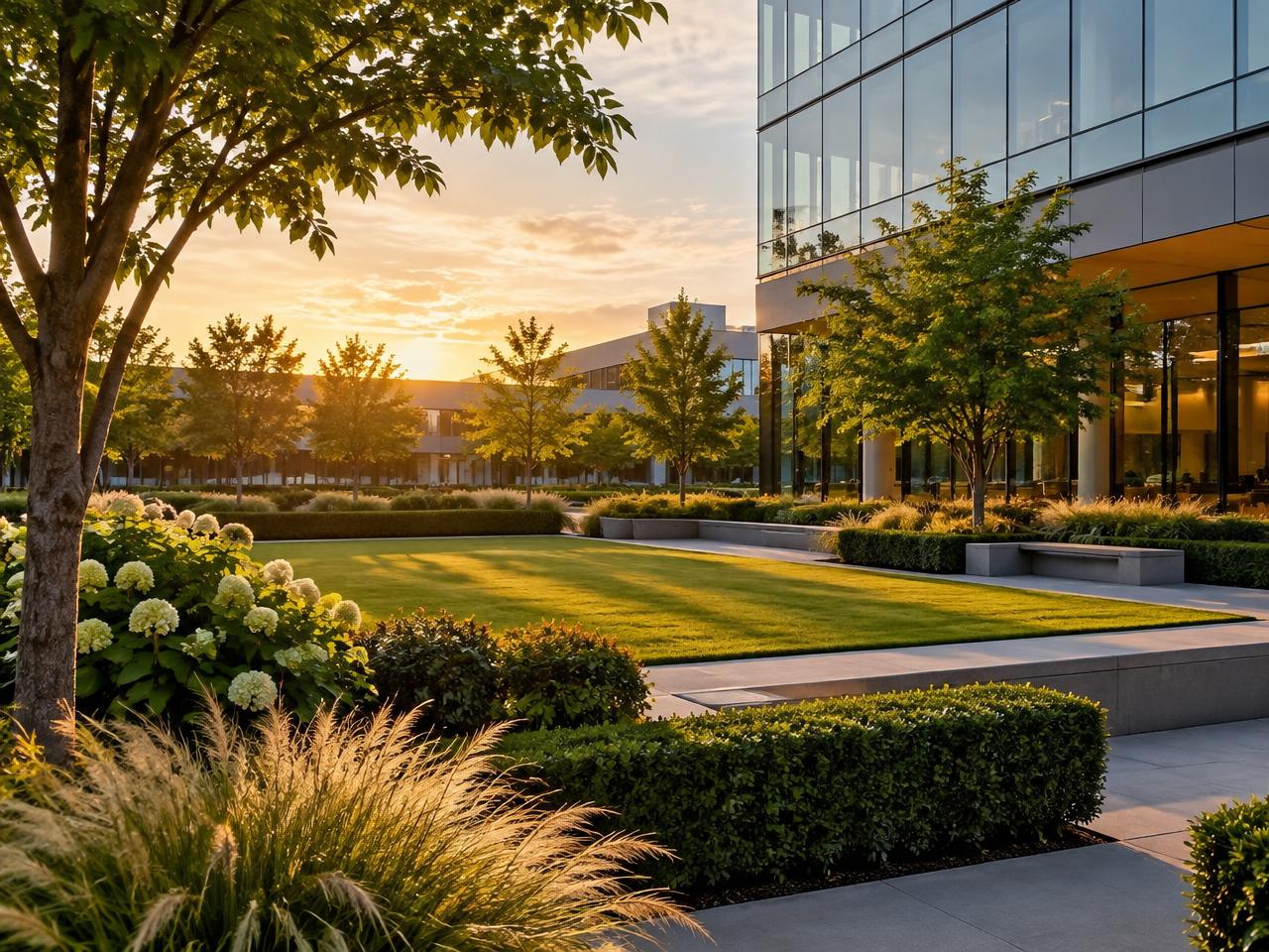 Manicured corporate courtyard with lawn and hedges at sunset