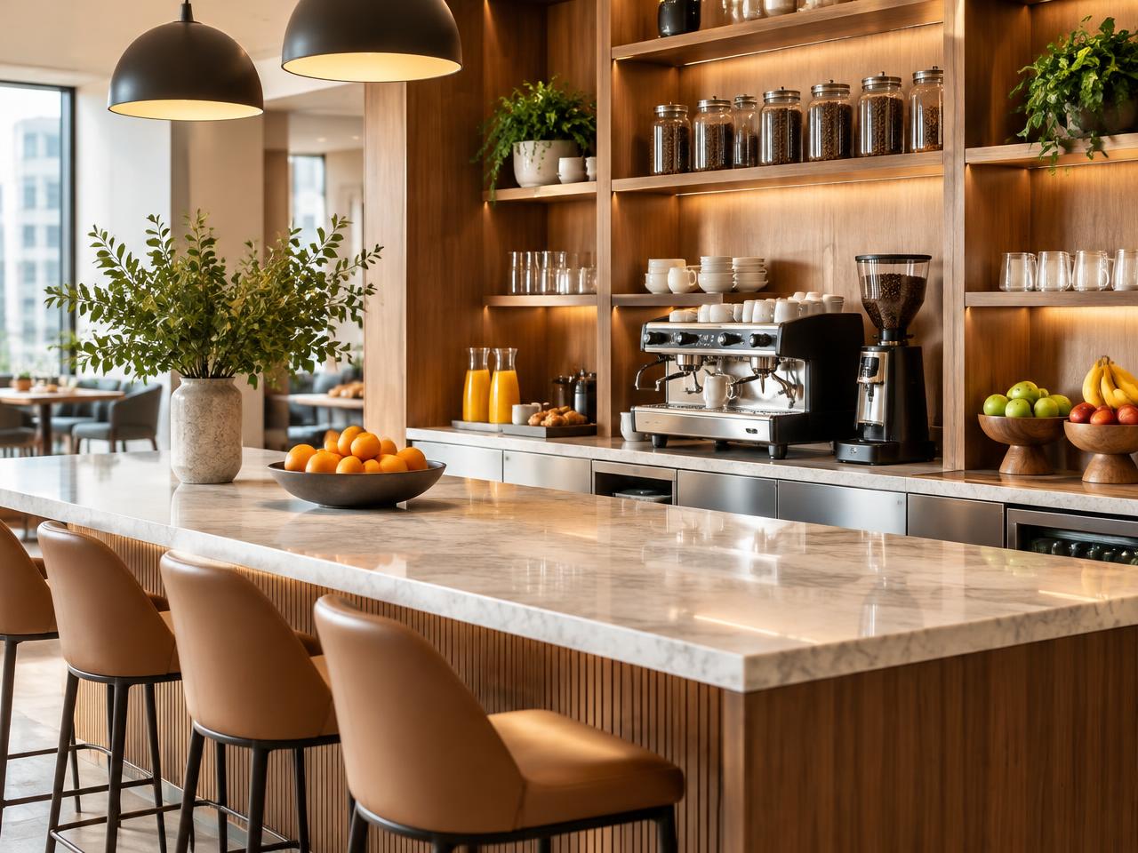 Elegant office pantry with espresso machine and fresh fruit